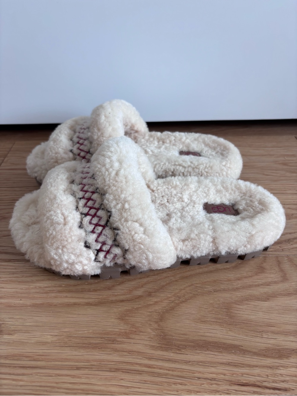 UGG Women's Cream Shearling Cross-Band Slide Slippers